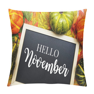 Personality  Hello November Text On Blackboard Decorated With Maple Leaves On Wooden Background Pillow Covers