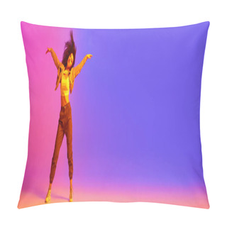 Personality  Young Girl In Sport Style Clothes Dancing Hip-hop Against Gradient Pink Purple Background In Neon Light. Concept Of Contemporary Dance, Youth, Hobby, Action And Motion. Banner. Copy Space For Ad Pillow Covers