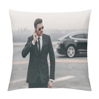 Personality  Serious Bodyguard Listening Message With Security Earpiece On Helipad  Pillow Covers