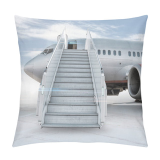 Personality  Passenger Airplane With A Boarding Stairs On The Airport Apron Isolated On Bright Background With Sky Pillow Covers