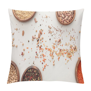 Personality  Top View Of Wooden Plates With Chickpea, Lentil, Peppercorns, Oatmeal And Beans Near Scattered Grains On Marble Surface Pillow Covers