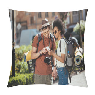 Personality  Young Couple Of Tourists With Smartphone Looking For Destination  Pillow Covers
