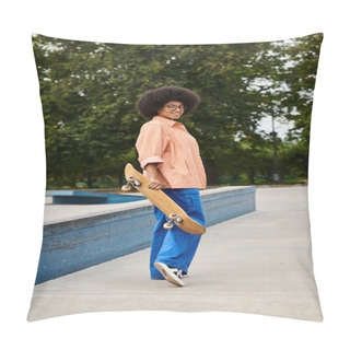 Personality  A Young Man Of African Descent With Curly Hair Confidently Holds A Skateboard In A Vibrant Skate Park Setting. Pillow Covers