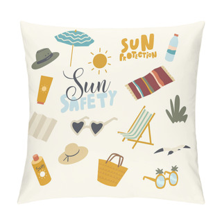 Personality  Set Icons Sun Safety Theme Beach Umbrella, Mat And Bag With Sunglasses, Sunscreen Cream Tube Or Water Bottle, Panama Hat Pillow Covers