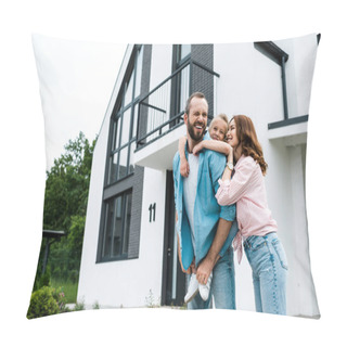 Personality  Happy Bearded Man Piggybacking Daughter Near Cheerful Wife And Home  Pillow Covers