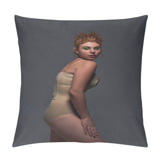 Personality  Self-expression, Redhead Woman With Curvy Body Posing In Taupe Underwear On Dark Grey Backdrop Pillow Covers
