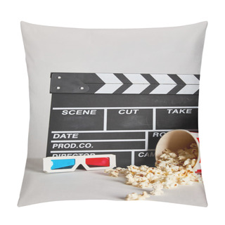 Personality  Delicious Popcorn With Clapper Board And 3d Glasses Isolated On Grey Pillow Covers