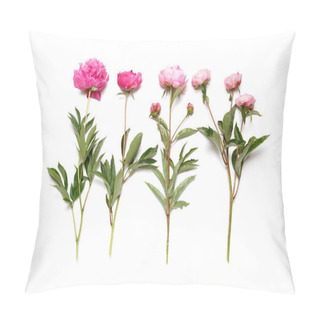 Personality  Pink Peonies In A Row Lie On A White Background. Pillow Covers