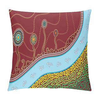 Personality  An Illustration Based On Aboriginal Style Of Dot Painting Depicting Kangaroo Track, Trees And River Pillow Covers