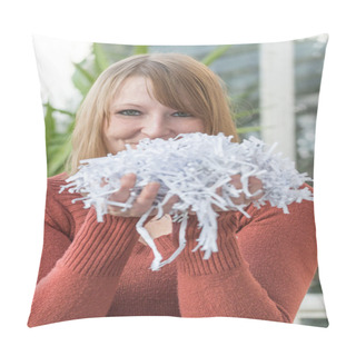 Personality  Smiling Young Woman With A Paper Scraps Pillow Covers