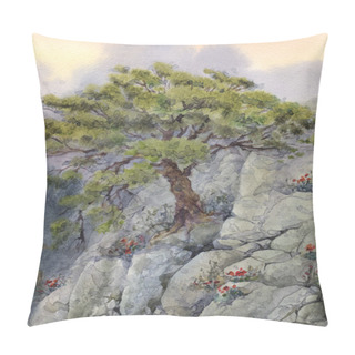 Personality  Watercolor Landscapes. The Tree In The Mountains Pillow Covers