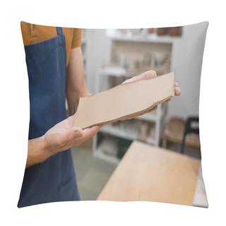 Personality  Cropped View Of Man In Apron Holding Rectangle Shape Clay Piece In Hands Pillow Covers
