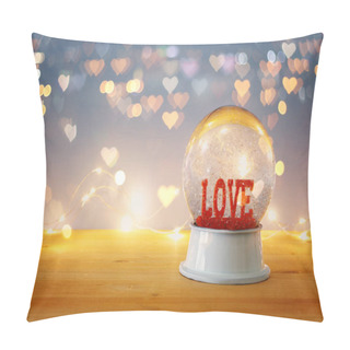Personality Valentine's Day Background. Water Globe With Word LOVE And Glitter Over The Wooden Table And Blue Bakground. Hearts Overlay Pillow Covers