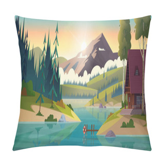 Personality  Hut By The River In Frjnt Of Rocky Mountains. House On The Shore Of A Clean Mountain Lake. Modern Cartoon Illustration. Pillow Covers