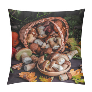 Personality  Autumn Cep Mushrooms. Basket With Porcini Mushrooms On The Background Of A Tree. Close -up On Wood Rustic Table. Cooking Delicious Organic Mushroom. Pillow Covers
