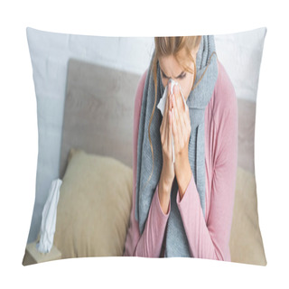 Personality  Panoramic Shot Of Ill Woman With Grey Scarf Sneezing And Using Napkin Pillow Covers