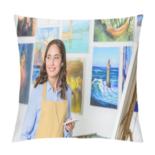 Personality  Beautiful Female Artist Listening To Music With Smartphone In Workshop And Looking Away Pillow Covers