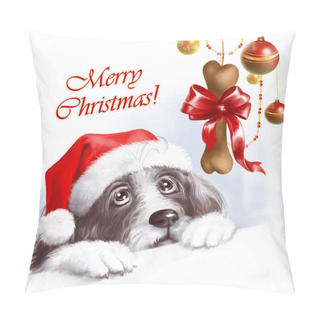 Personality  Shaggy Dog Santa Claus Is Looking At A Christmas Gift -  Bone Decorated With A Beautiful Red Bow. Digital Illustration. Pillow Covers
