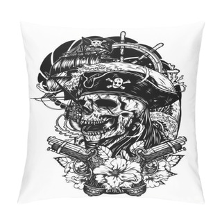 Personality  Pirate Skull With Ship Vector Tattoo By Hand Drawing.Beautiful Ship On Wave Background.Black And White Graphics Design Art Highly Detailed In Line Art Style. Pillow Covers