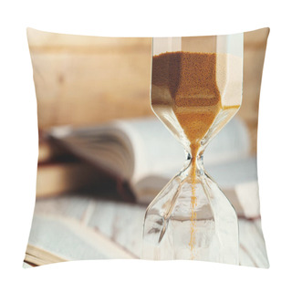 Personality  Sandglass On Wooden Table With Opened Book Close Up Pillow Covers