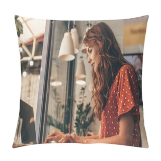Personality  Side View Of Young Blogger Working On Laptop In Coffee Shop Pillow Covers
