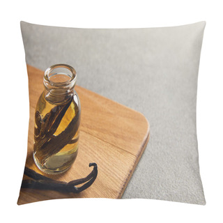 Personality  Vanilla Pods And Essential Oil On Wooden Cutting Board On Dark Surface Pillow Covers