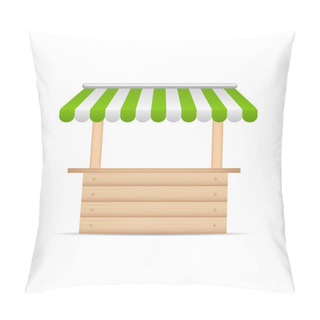 Personality  Wooden Market Stand Stall With Green And White Sunshade. Mock Up Of Wooden Counter With Canopy For Street Trading, Wooden Counter, Kiosk, Stand. Vector Illustration. Pillow Covers
