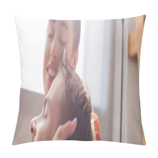 Personality  Tender, Smiling Woman Touching Head Of Beloved Man With Closed Eyes, Banner Pillow Covers