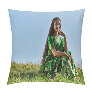 Personality  Indian Woman In Ethnic Wear, Sari, Sitting On Green Lawn Under Blue Summer Sky And Smiling At Camera Pillow Covers