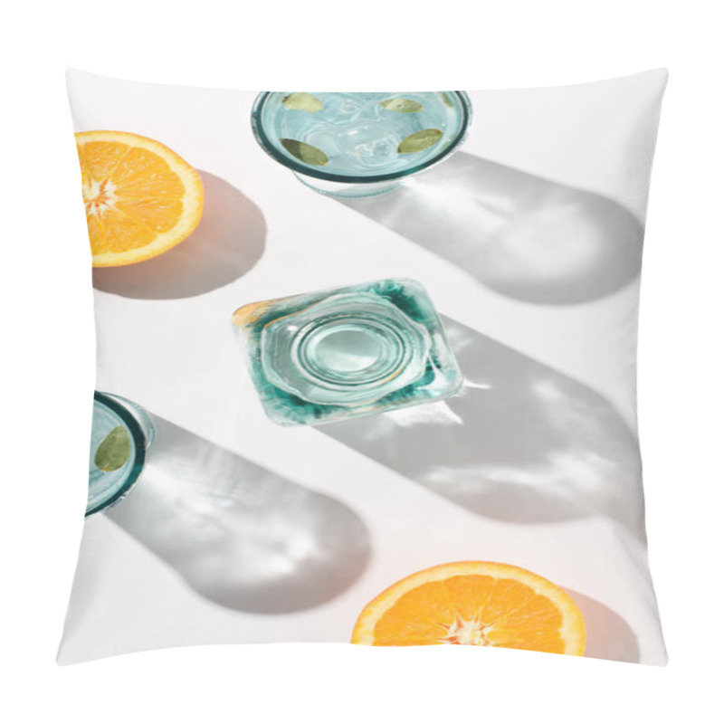 Personality  Flat Lay With Pieces Of Orange, Bottle And Glasses With Water And Ice On White Surface Pillow Covers