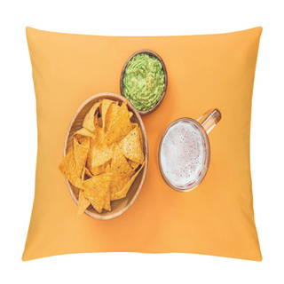 Personality  Top View Of Crispy Nachos In Wooden Bowl Near Guacamole And Beer On Orange Background, Mexican Cuisine Pillow Covers