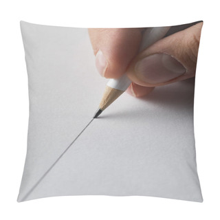 Personality  Cropped View Of Man Drawing Line On Paper With Pencil  Pillow Covers
