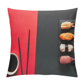 Personality  Flat Lay With Soya Sauce In Bowl, Chopsticks And Nigiri Sushi Set On Black Slate Plate On Red And Black Background Pillow Covers