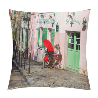 Personality  PARIS, FRANCE - MARCH, 2018: Lady With A Red Umbrella At The Pink House Restaurant In The Famous Montmartre Neighborhood Pillow Covers