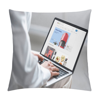 Personality  Cropped View Of Woman Using Laptop With Ebay Website On Screen Pillow Covers