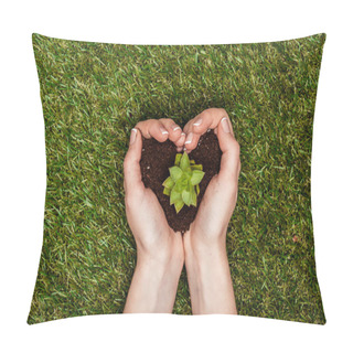Personality  Cropped Image Of Woman Holding Heart Shaped Soil With Succulent In Hands Above Green Grass, Earth Day Concept Pillow Covers
