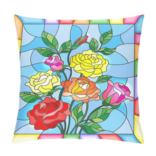 Personality  Illustration In Stained Glass Style With Flowers, Buds And Leaves Of  Roses On A Blue Background Pillow Covers