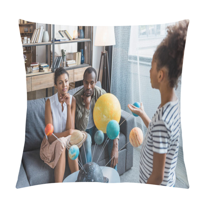 Personality  Girl telling parents about solar system pillow covers