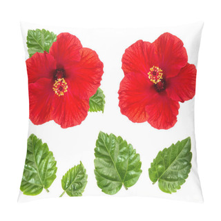 Personality  Hibiscus Flower Head And Green Leaves Isolated On White Background. Red Blossom Pillow Covers