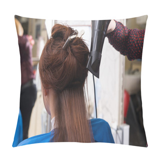 Personality  Brunette Woman Having Hair Blow Dried In Salon Pillow Covers