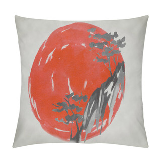 Personality  Japan Traditional Sumi-e Painting. Fuji Mountain, Sakura, Sunset. Japan Sun. Indian Ink Illustration. Japanese Picture. Pillow Covers
