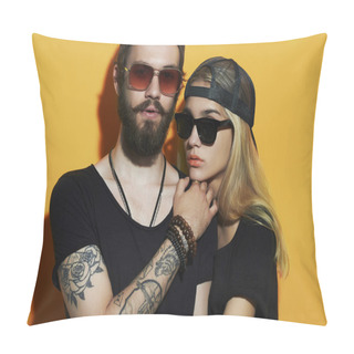 Personality  Fashion Beautiful Couple Together. Tattoo Hipster Boy And Girl. Bearded Young Man And Blonde In Sunglasses Pillow Covers