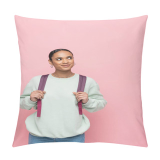 Personality  Pretty African American Student Holding Backpack And Looking Away Isolated On Pink  Pillow Covers