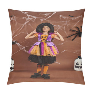 Personality  Girl In Witch Hat And Halloween Costume Standing Near Spooky Decor And Cobwebs On Brown Backdrop Pillow Covers