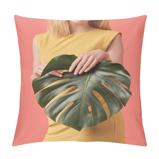 Personality  Cropped Shot Of Young Woman With Monstera Leaf Isolated On Red Pillow Covers