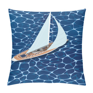 Personality  Sailing Ship Vertical Flyer With Space For Text. Top View Sail Boat On Deep Blue Sea Water. Luxury Yacht Race, Ocean Sailing Regatta Vector. Nautical Worldwide Yachting Or Traveling. Sailing Boat Pillow Covers