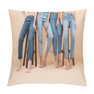 Personality  Partial View Of Barefoot Women In Jeans Posing Near High Stools On Beige Pillow Covers