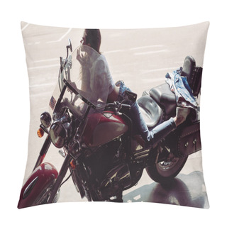Personality  Young Woman Sitting On Motorcycle Pillow Covers