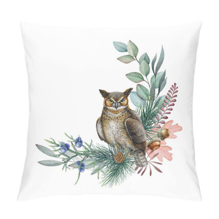 Personality  Owl With Natural Floral Decor. Watercolor Illustration. Hand Drawn Beautiful Realistic Owl With Tree Leaves, Pine Branches, Fern, Forest Herbs Floral Decoration. White Background. Pillow Covers