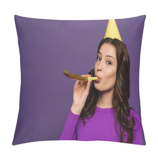 Personality  Cheerful Girl In Party Cap Blowing In Party Horn Isolated On Purple Pillow Covers
